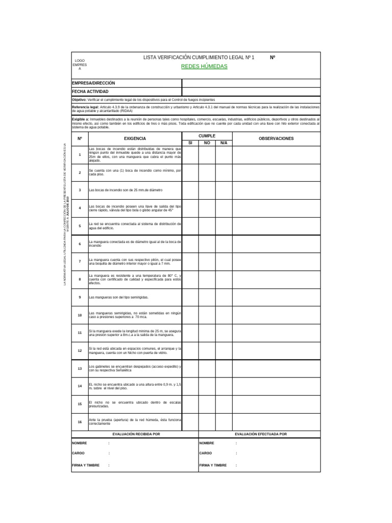 Checklist Lista de Verificacion Red Humeda y Prevencion Incendios | PDF