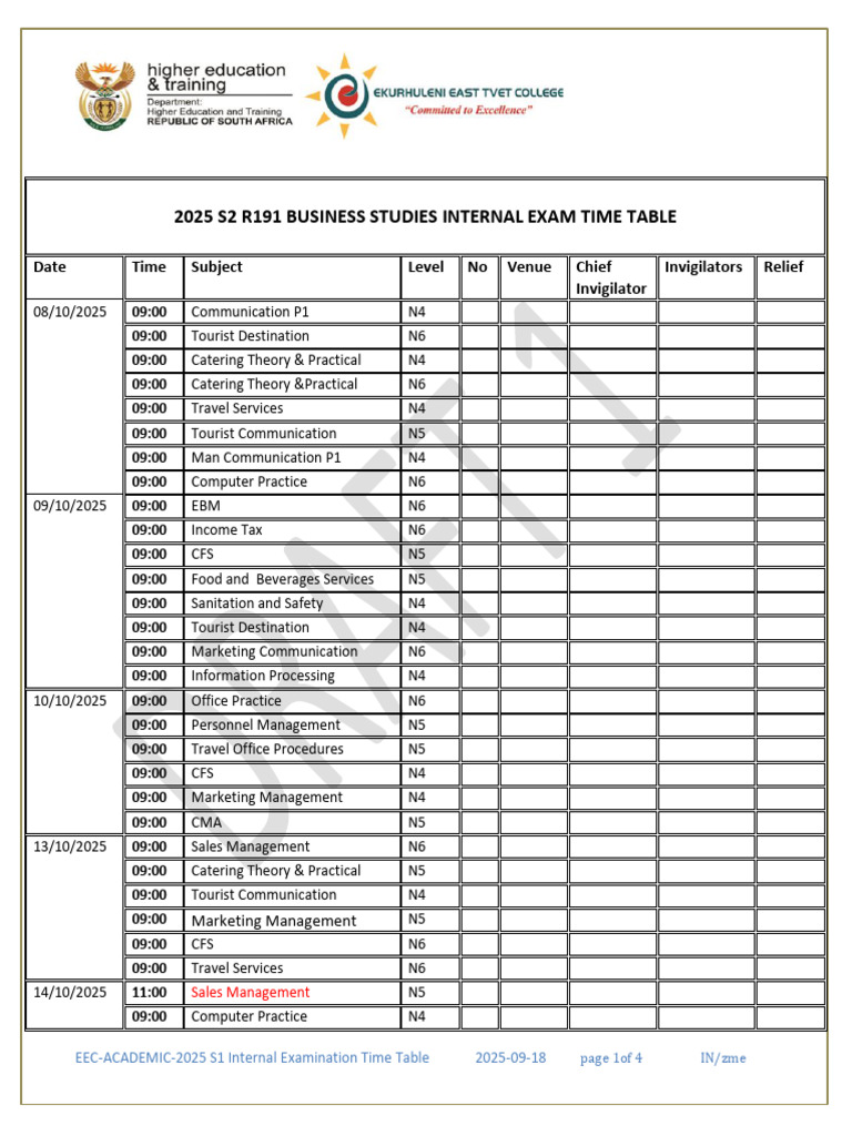 2025 Internal Exam Timetable R191 | PDF