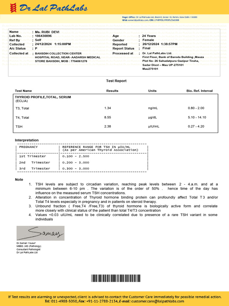 Thyroid Profile Test Report for Rubi Devi | PDF | Thyroid Stimulating ...