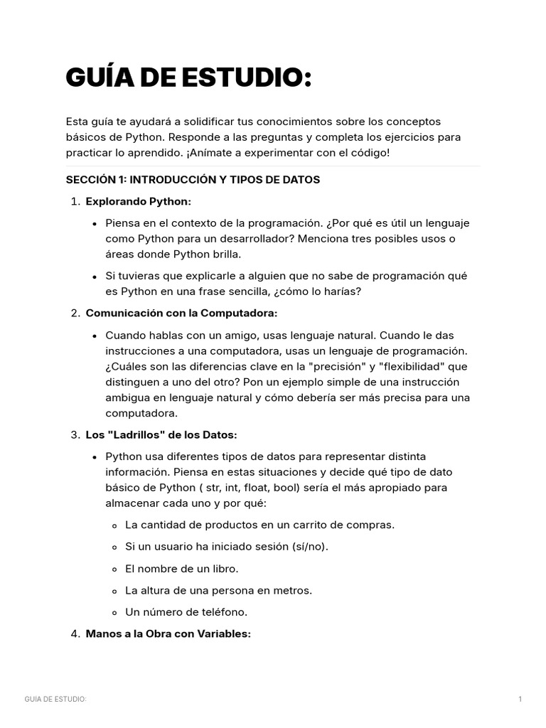 Guía de Estudio sobre Python Básico | PDF | Python (lenguaje de ...