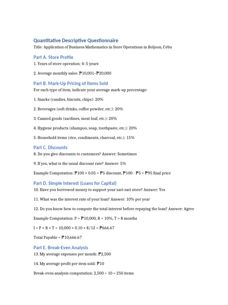 Quantitative Descriptive Questionnaire With Computations | PDF