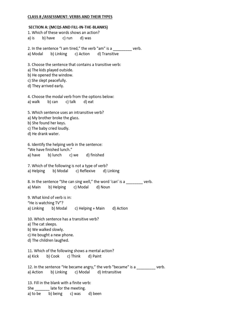 Verbs and Their Types: Class 8 Assessment | PDF | Verb | Linguistic ...