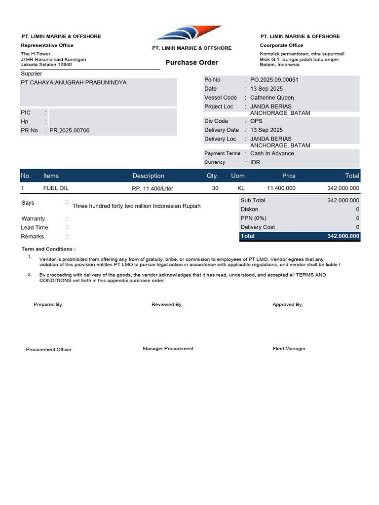 Purchase Order for Fuel Oil Supply | PDF | Indonesian Rupiah | Business