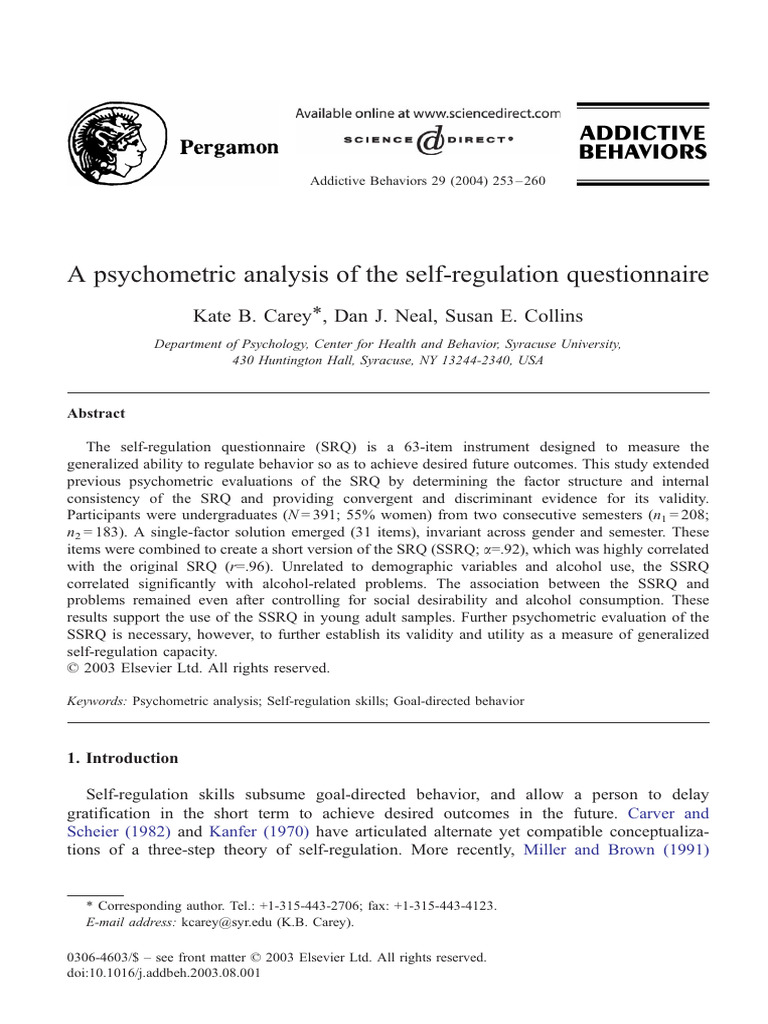 A Psychometric Analysis of The Self-Regulation Questionnaire | PDF ...