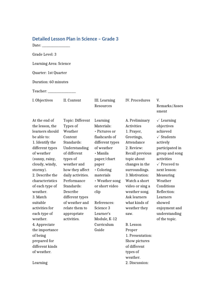 Grade 3 Weather Lesson Plan | PDF | Learning | Teaching