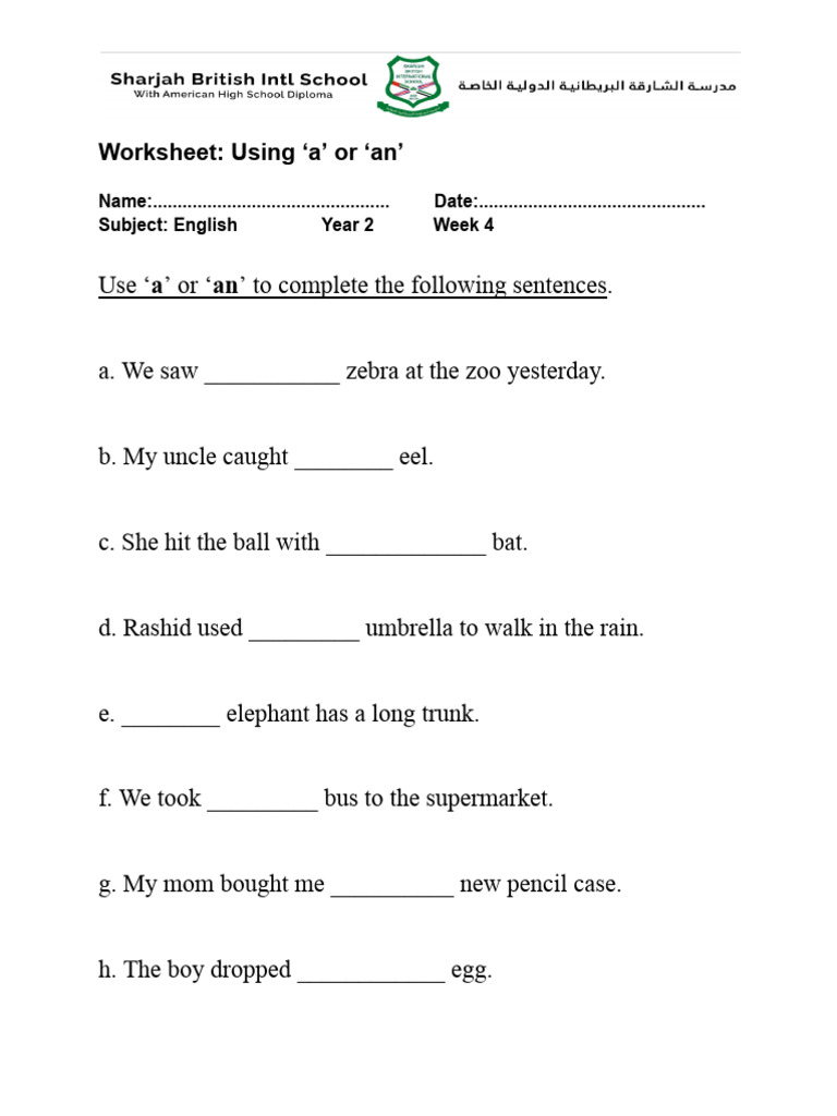 Worksheet on Using 'A' or 'An' | PDF