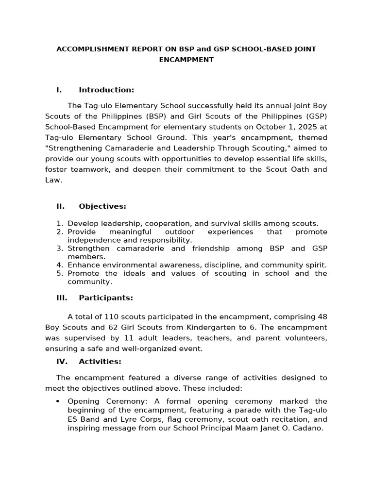 BSP and GSP School Encampment Report | PDF | Scouting | Behavior ...