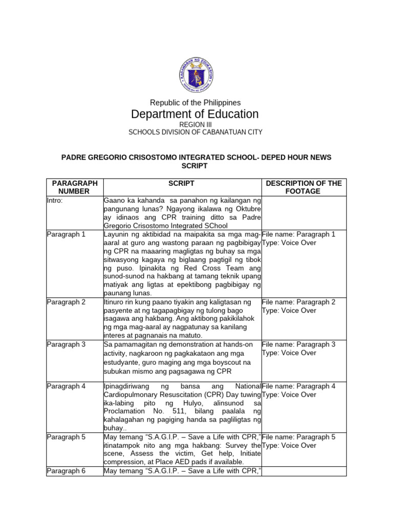 Script-DepEd-Hour-CPR TRAINING-NATIONAL CPR DAY | PDF
