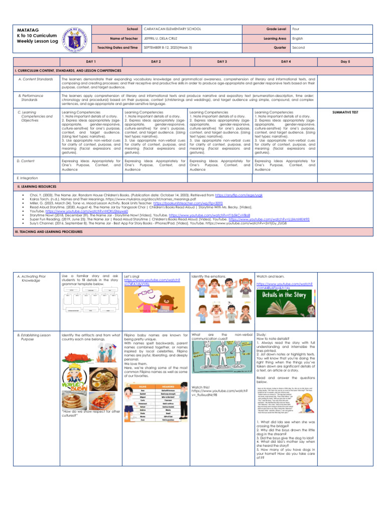 Grade 4 English Weekly Lesson Plan | PDF | Reading Comprehension ...