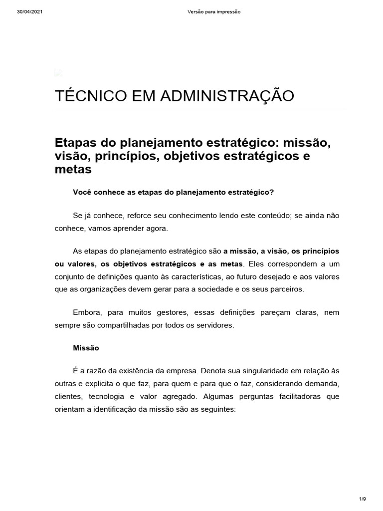 Etapas do Planejamento Estratégico | PDF | Aprendizado | Business