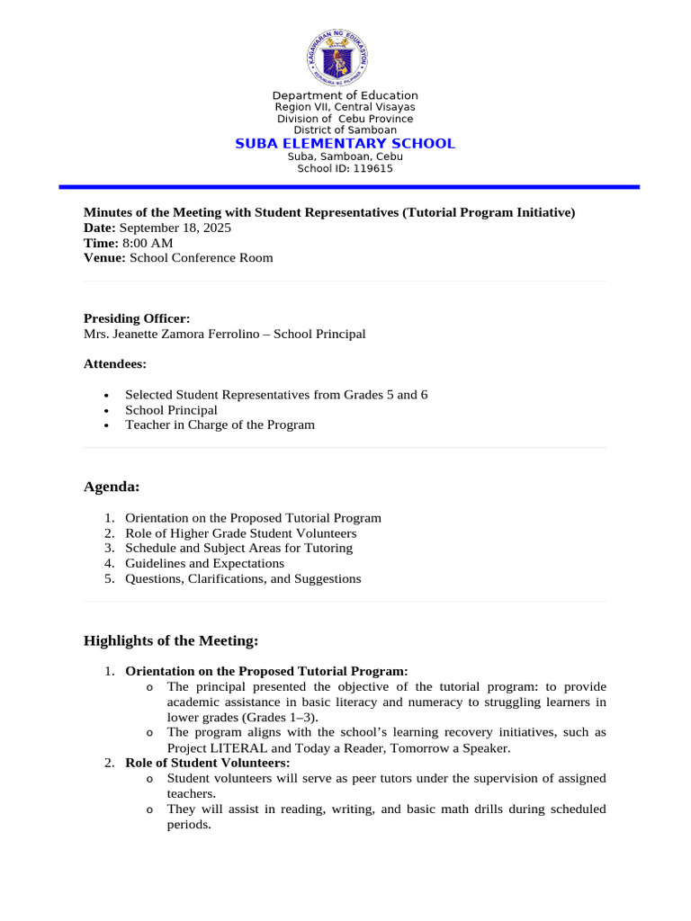 SELG Minutes of The Meeting | PDF | Learning | Behavior Modification