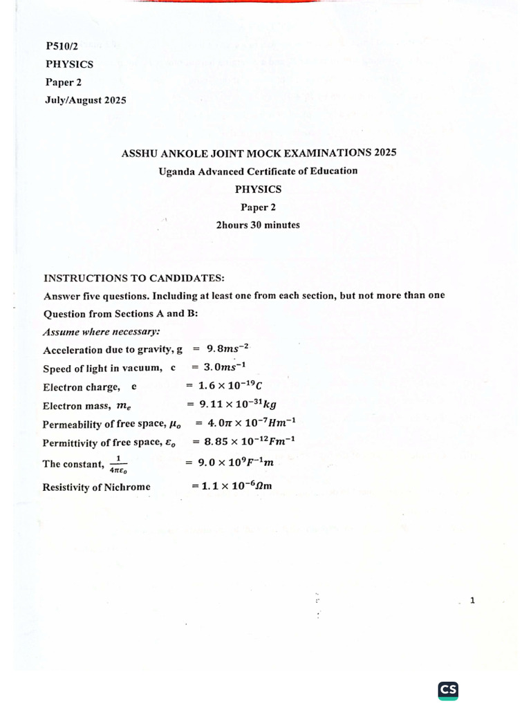 ASSHU Mock UACE Physics 2 2025 | PDF