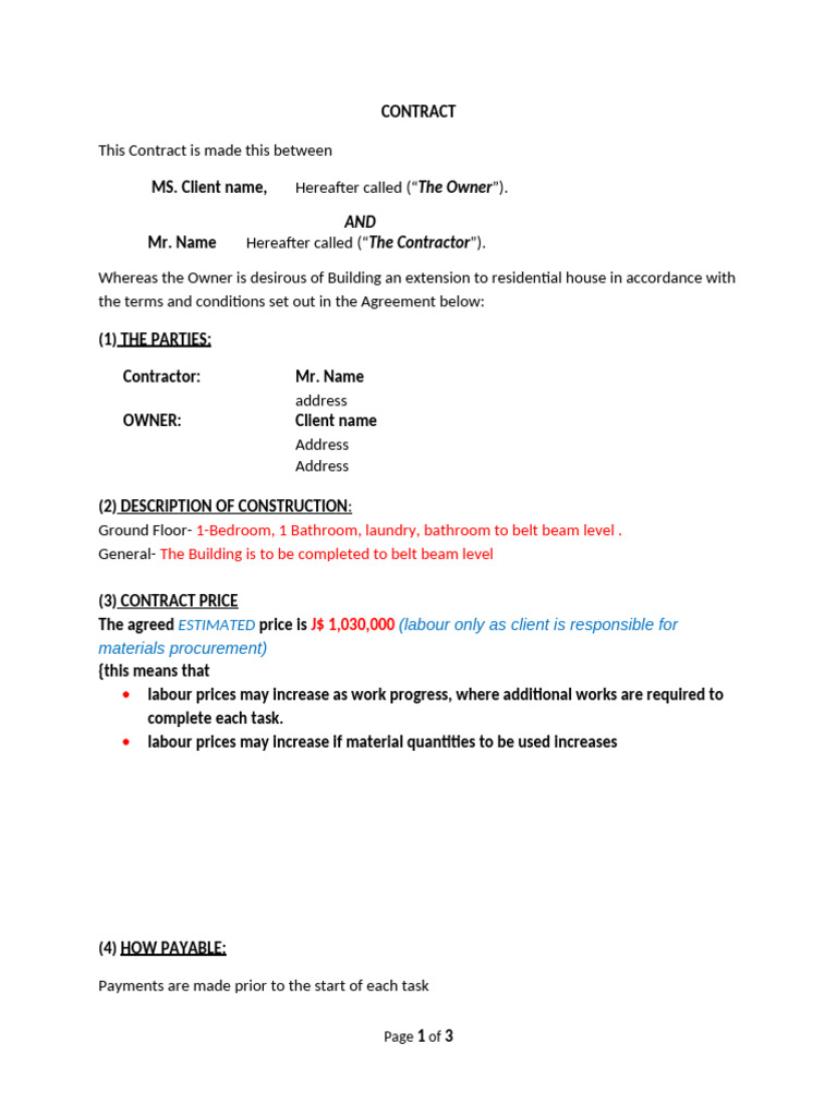 Residential Construction Contract Template | PDF