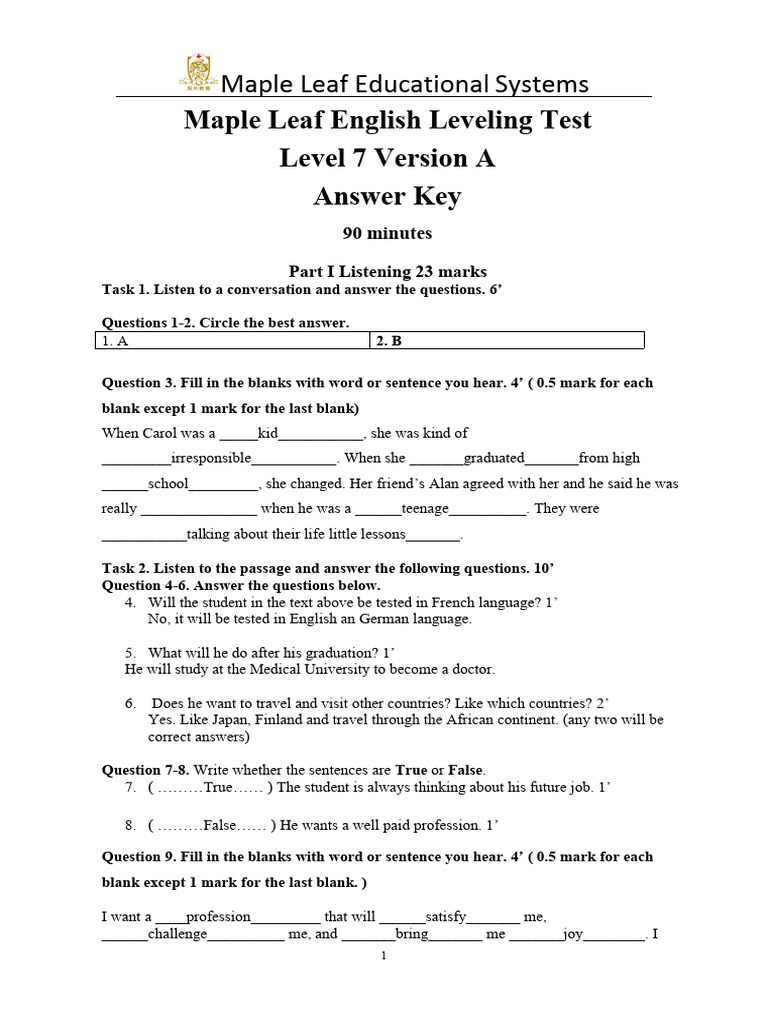 Maple Leaf English Leveling Test Key | PDF | Poetry