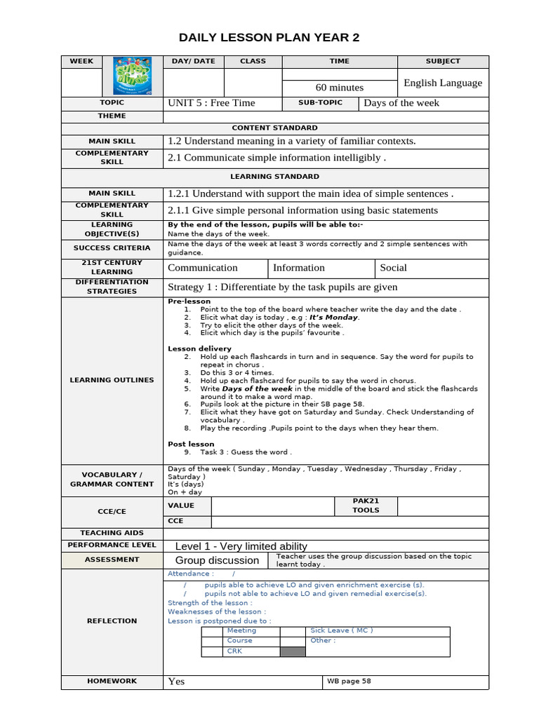 Year 2 English Lesson Plan: Free Time | PDF | Lesson Plan | Vocabulary