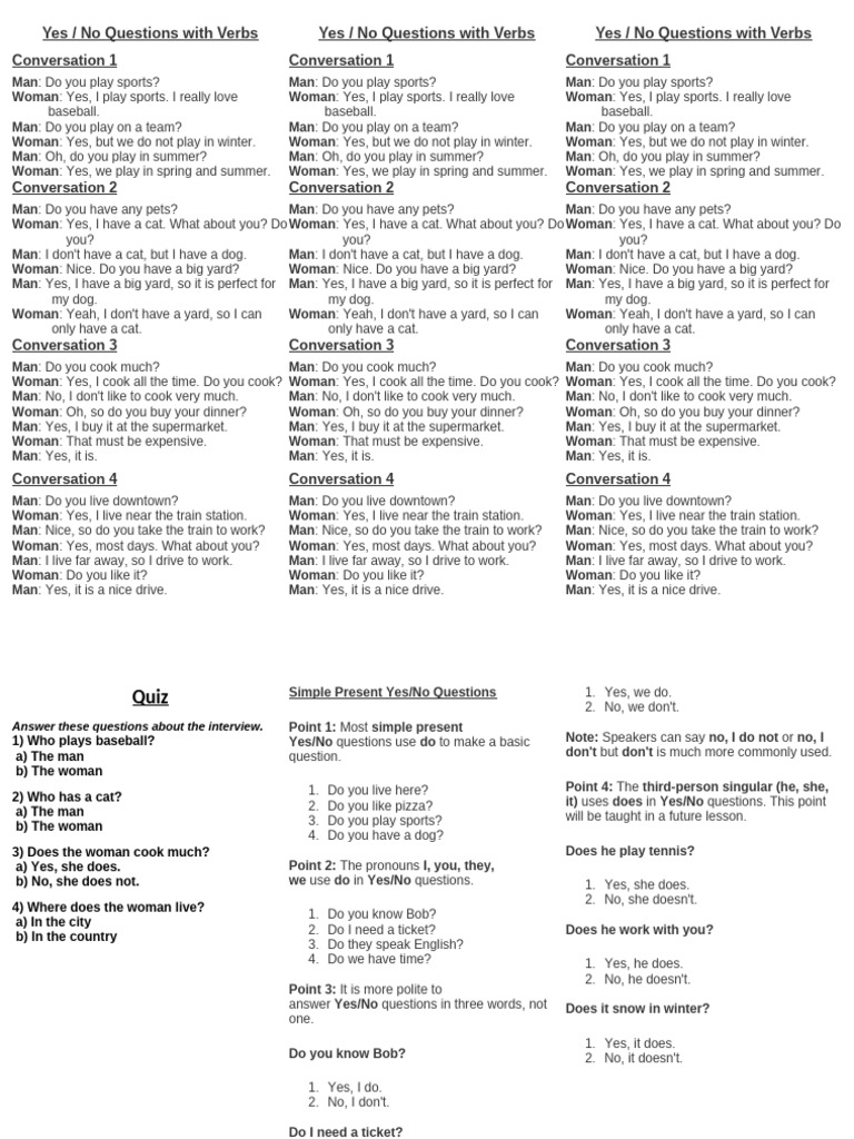 Yes/No Questions Using Verbs Guide | PDF | Language Mechanics ...