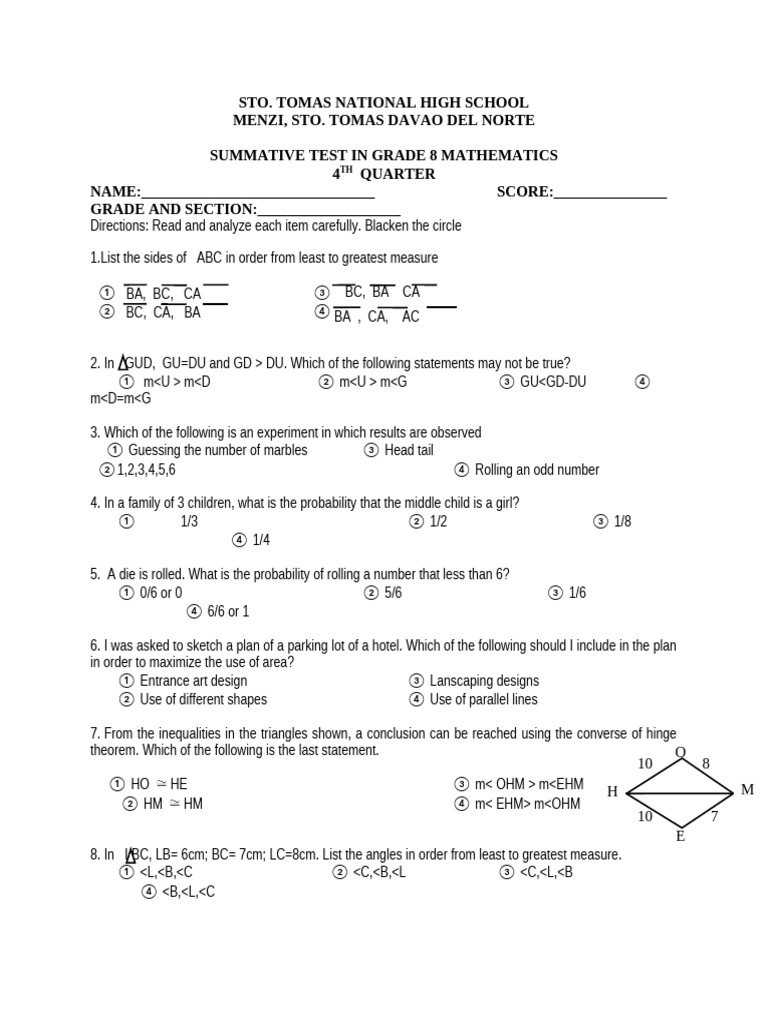 Grade 8 Math Summative Test 4th Quarter | PDF | Mathematics
