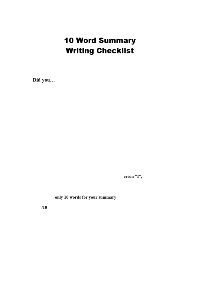Ten Word Summary Writing Checklist | PDF