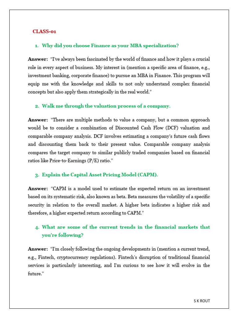MBA Finance Interview Questions Guide | PDF | Debits And Credits ...