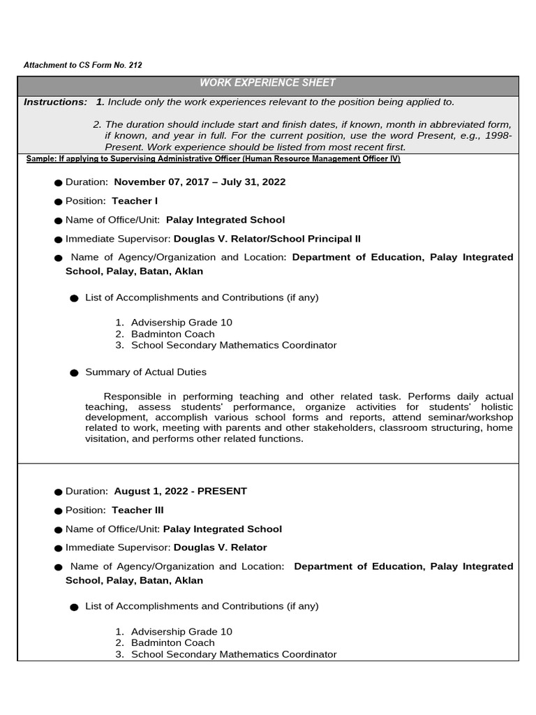 Work Experience Sheet for Educators | PDF | Learning