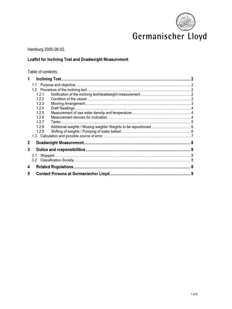 Inclining Test and Deadweight Measurement Guide | PDF | Buoyancy | Pendulum