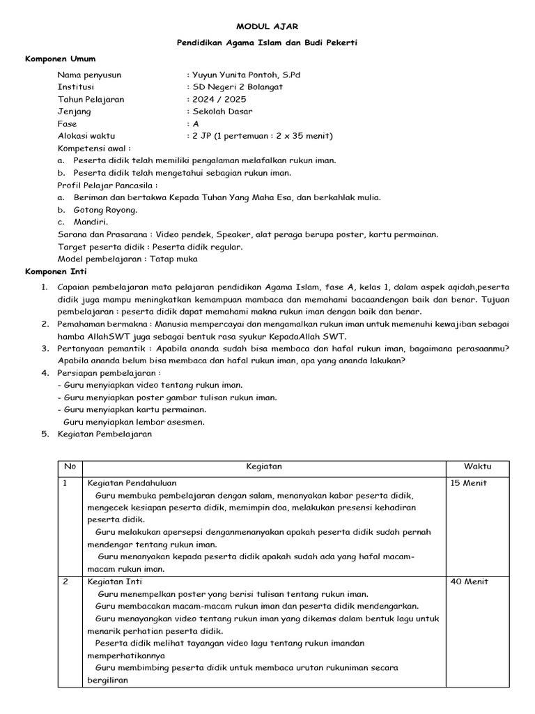 Modul Ajar Rukun Iman SD 2024 | PDF