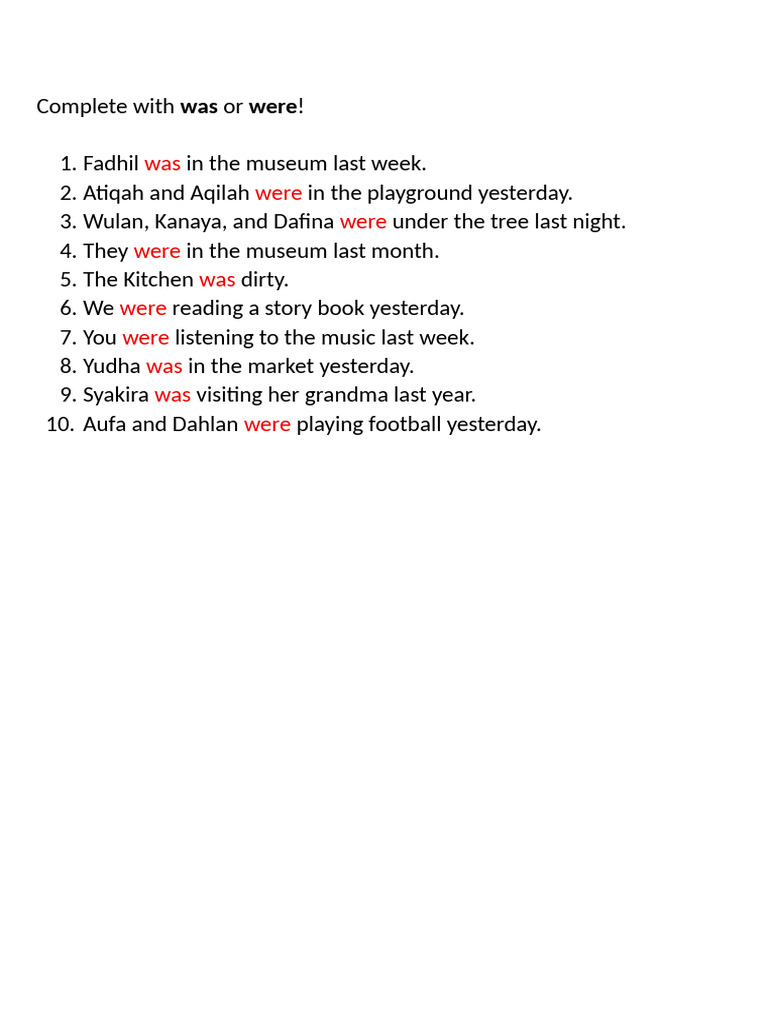 Fill in the Blanks: Was or Were | PDF