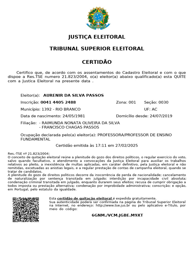 Certidão de Quitação Eleitoral 2025 | PDF