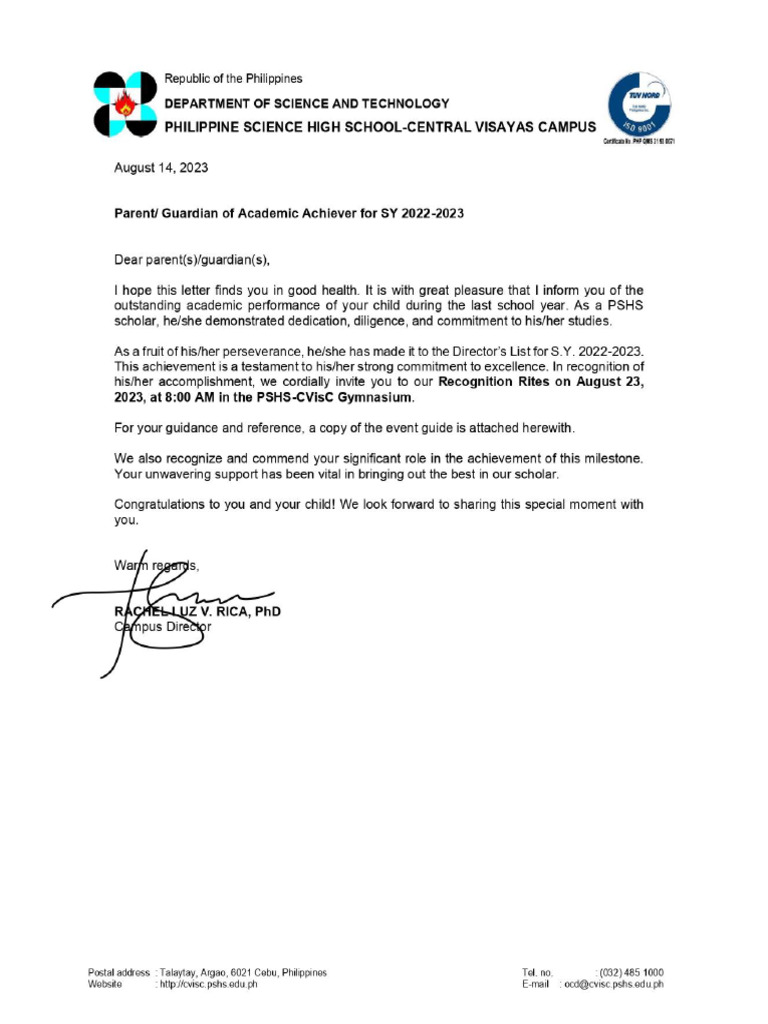 Recognition Rites 2023 Invitation To Parents | PDF