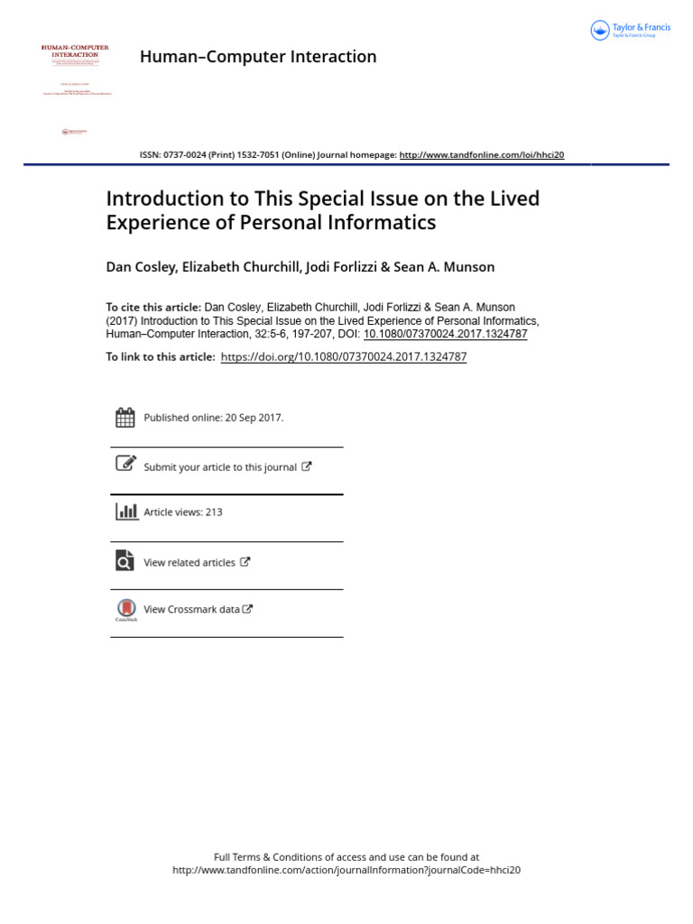 Cosley Et Al-Introduction To This Special Issue On The Lived Experience ...