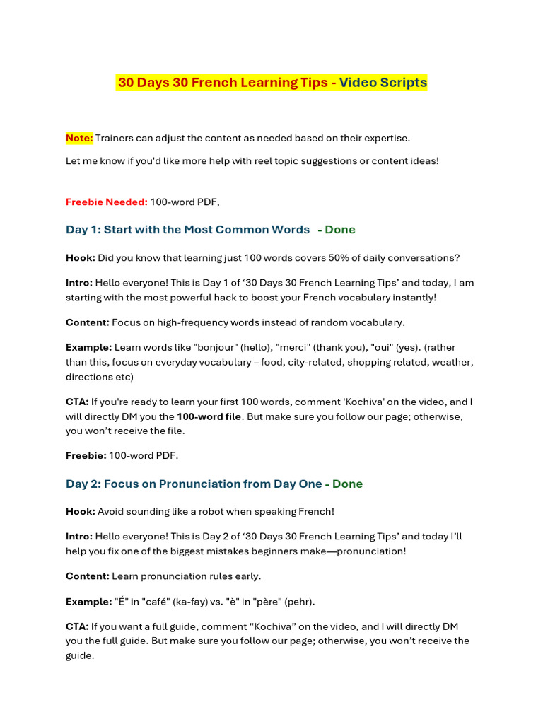 30 Days 30 French Learning Tips - Video Scripts-1 | PDF | Languages ...