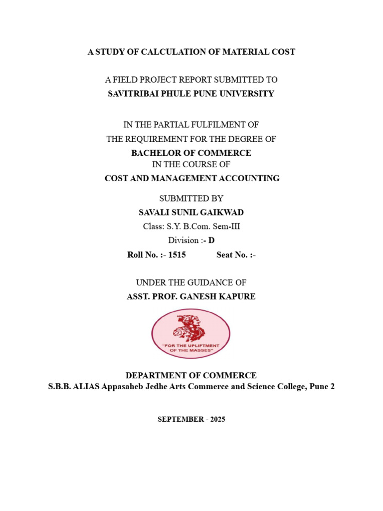 Material Cost Calculation Study Report | PDF | Thesis | Educational Stages