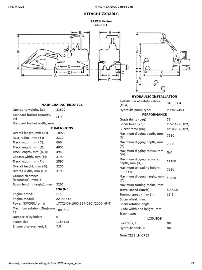 Hitachi ZX330LC Excavator Specs | PDF | Engines | Engine Technology