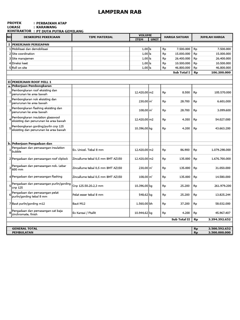 Lampiran RAB Kontrak | PDF