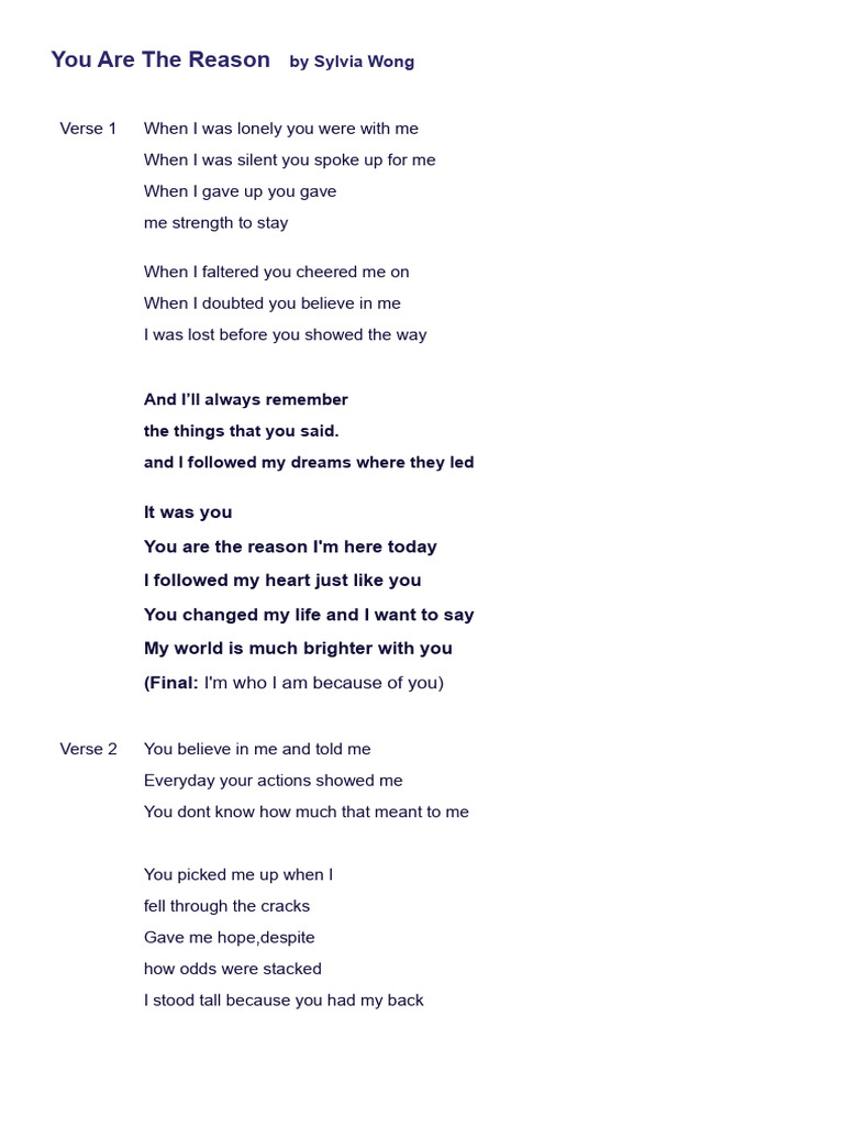 You Are The Reason - Sylvia Wong Lyrics | PDF