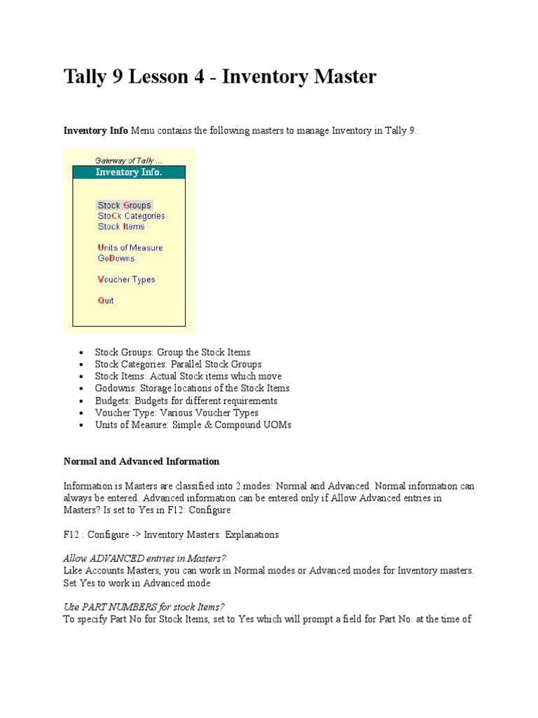 Tally 9 Inventory Master Overview | PDF | Debits And Credits | Cheque