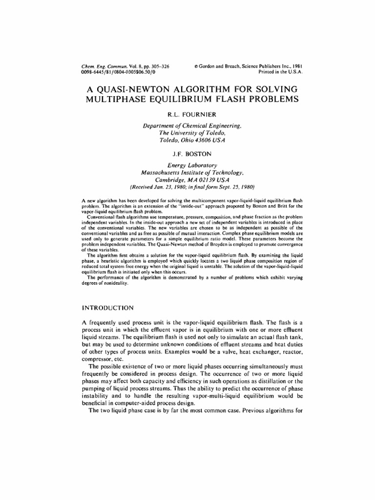 A Quasi-Newton Algorithm For Solving Multi Phase Equilibrium Flash ...