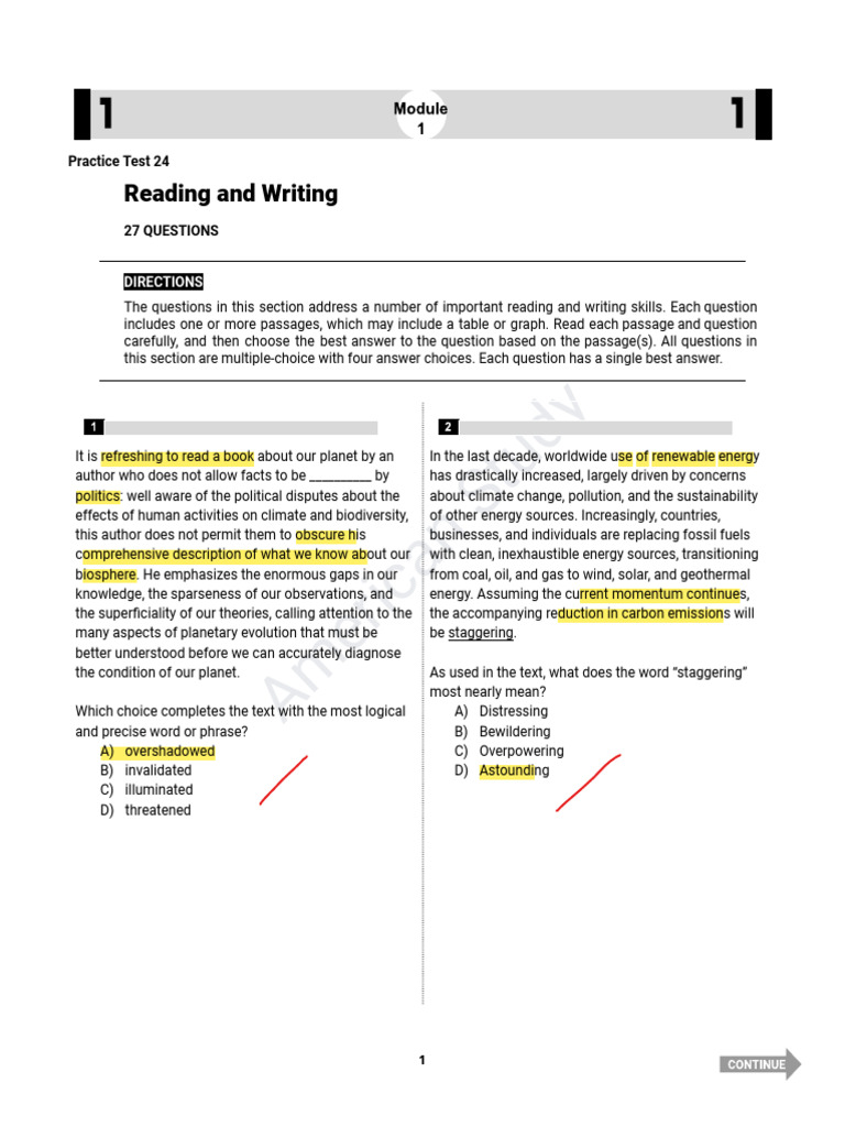 American Study Practice Test 24: Reading & Writing | PDF | Moon ...