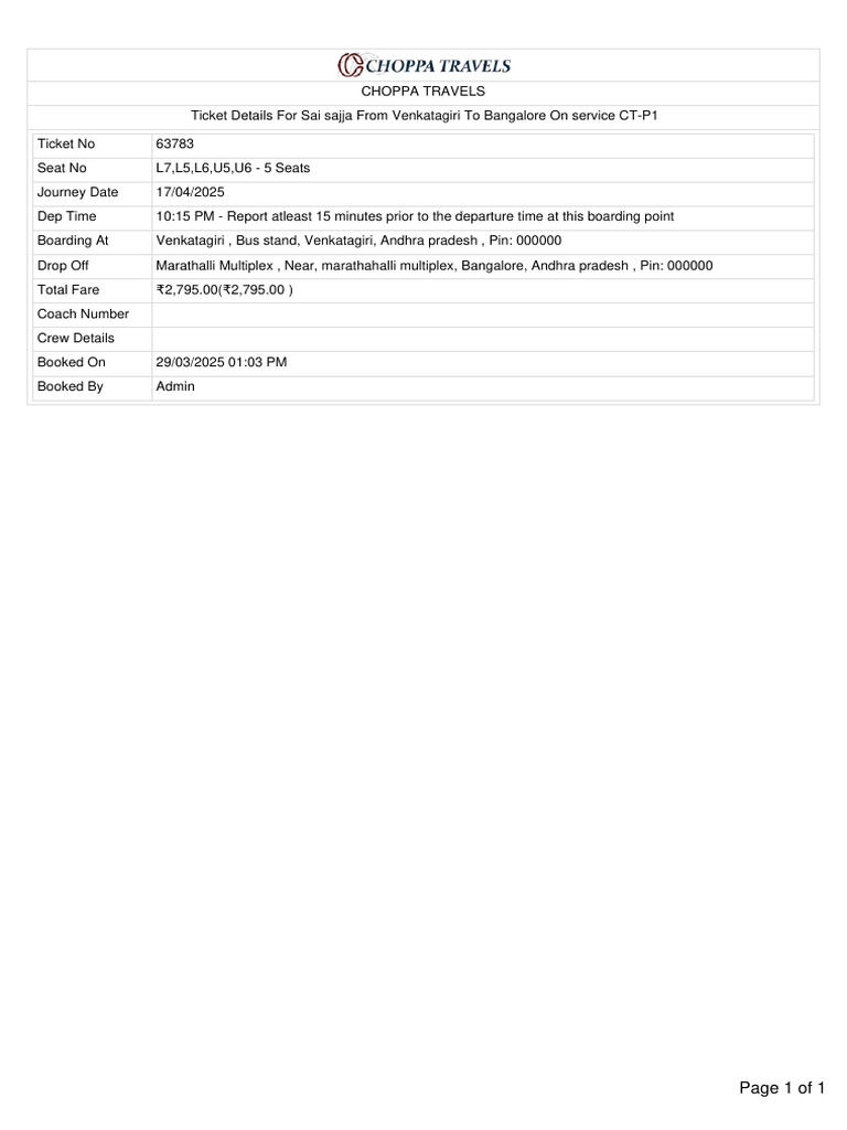 Venkatagiri to Bangalore Bus Ticket Details | PDF