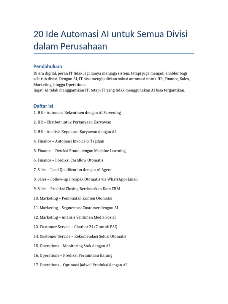 20 Ide Automasi AI untuk Perusahaan | PDF