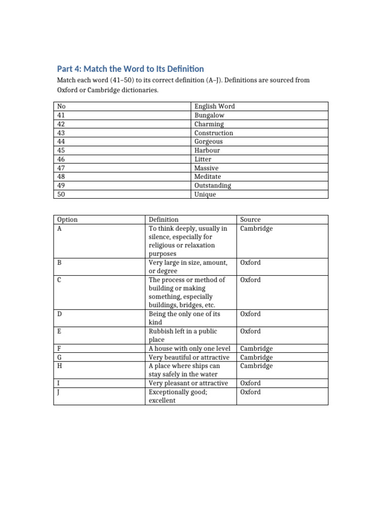 Part 4 Match The Word To Its Definition | PDF