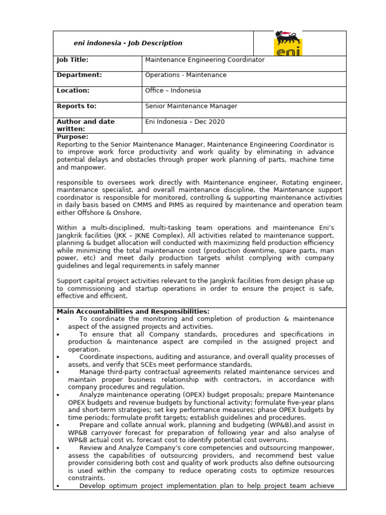 JD - Maintenance Engineering Coordinator Rev0 - Dec 2020 | PDF ...
