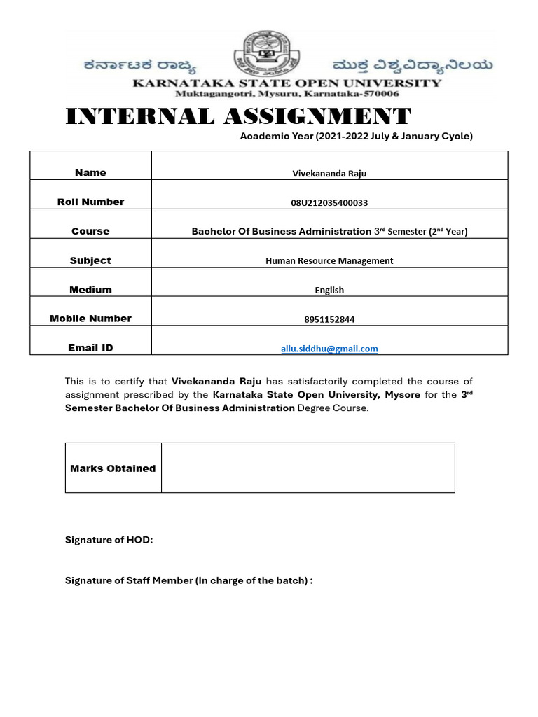 Internal Assessment HRM Covering Page | PDF