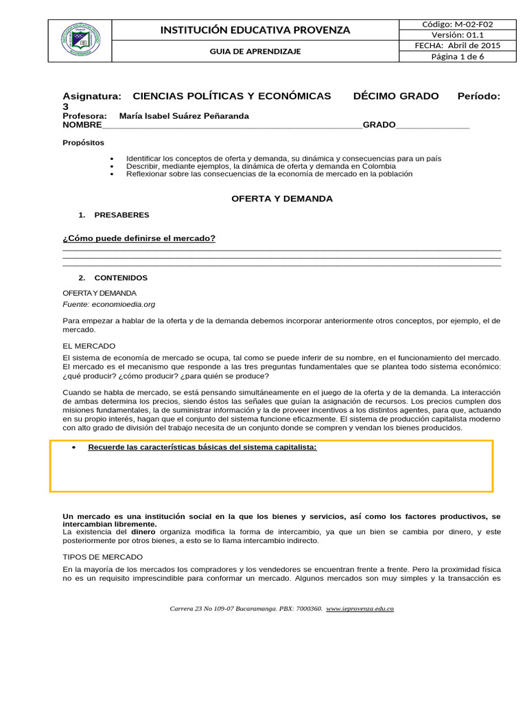 Oferta y Demanda en Economía Colombiana | PDF | Mercado (economía ...