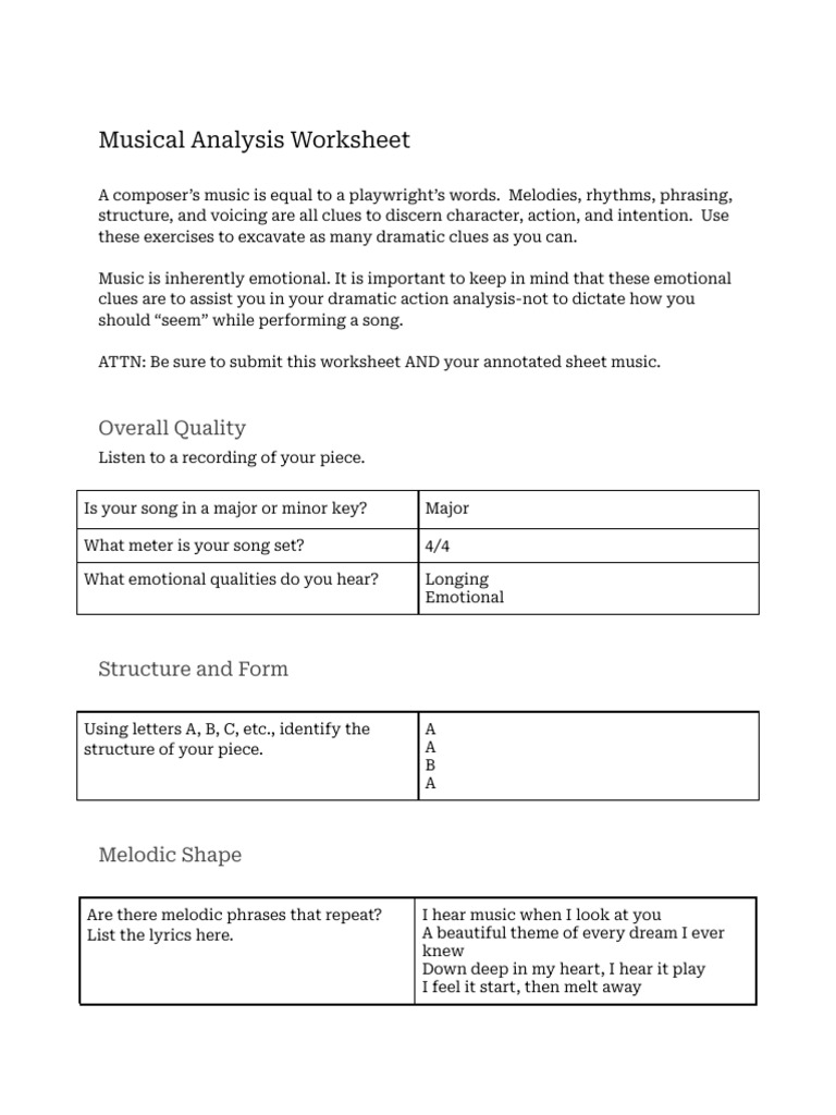 Musical Analysis Worksheet Guide | PDF | Performing Arts | Musical ...