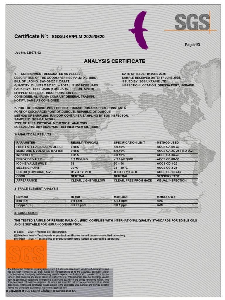 SGS Analysis Certificate: Refined Palm Oil | PDF | Chemical Substances ...