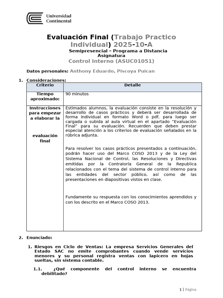 Evaluación Final Control Interno 2025 | PDF | Contabilidad | Contralor