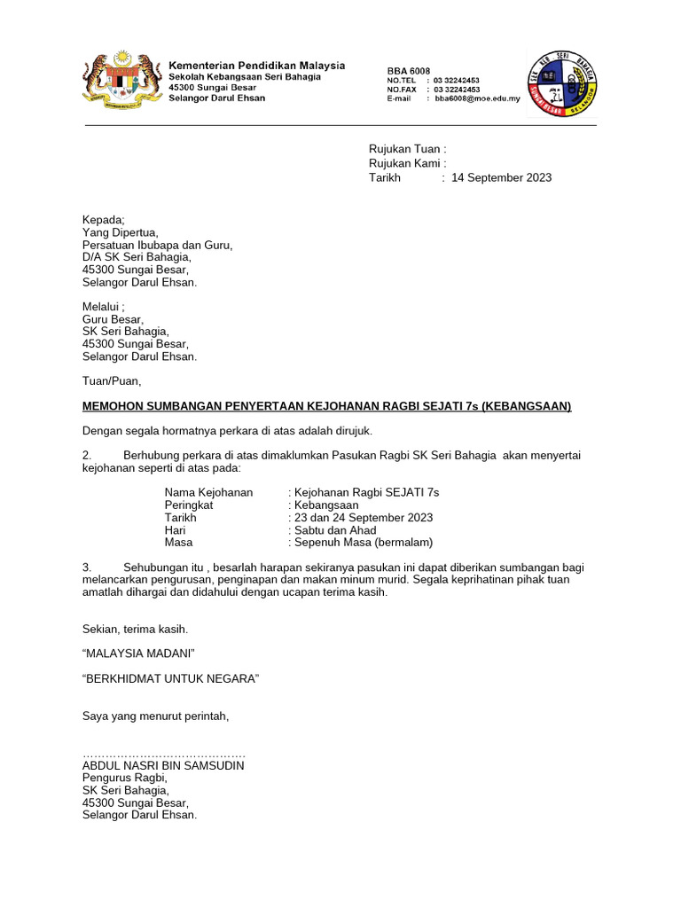 Surat Mohon Sumbangan Ragbi SEJATI 7s | PDF