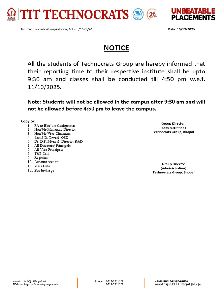 Students Timing Change Notice | PDF
