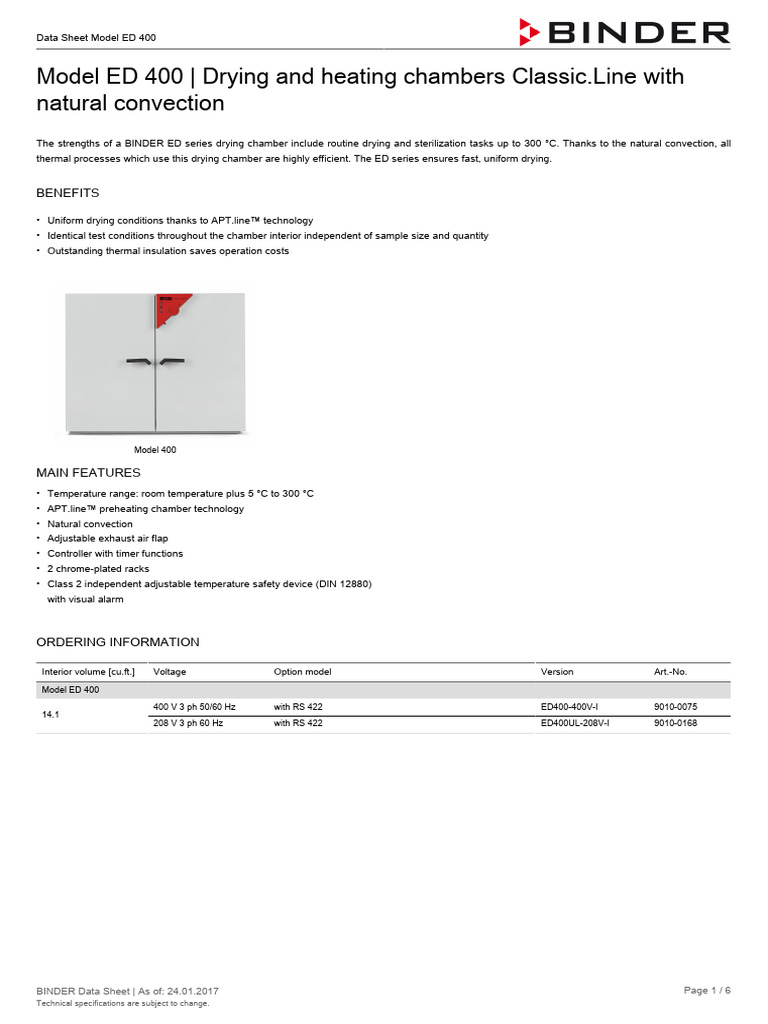 BINDER ED 400 Drying Chamber Data Sheet | PDF | Verification And ...